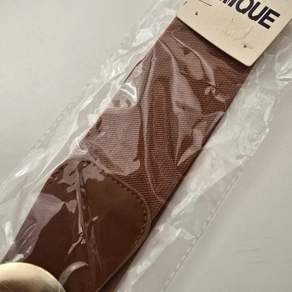 NEW Brown Stone Paved Abstract Golden Oval Buckle Elastic Belt - Picture 5 of 9